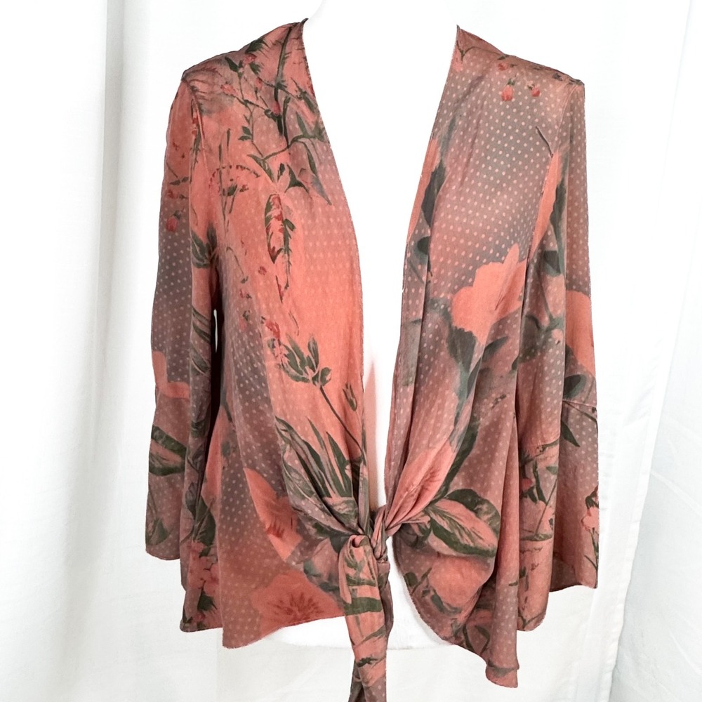 Tianello Yuriko Blouse 100% Silk Floral Tie Front Kimono Jacket Small USA EUC